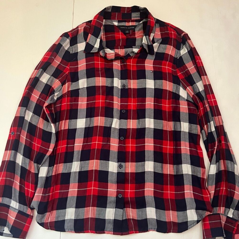 Tommy Hilfiger Women's Plaid Roll Tab Sleeve Button Down Shirt Red Navy Sz Large